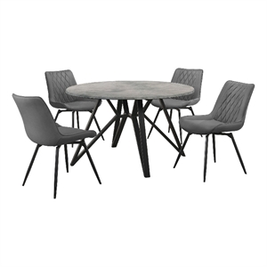 Benjara Nory 5pc Dining Table and 4 Chair Set- Gray Faux Leather- Marble Top