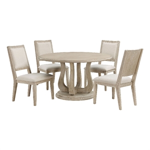 Benjara Eva 5pc Dining Table Set- White Washed Round Wood Top- Beige Chairs