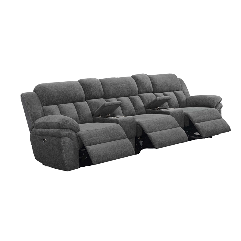 Benjara Jak Power Recliner Sofa-2 Consoles-Cushioned Tufted Seats-Charcoal Gray