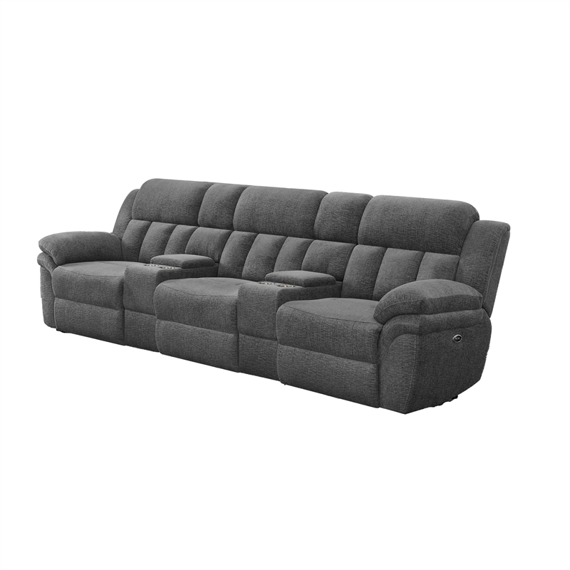 Benjara Jak Power Recliner Sofa-2 Consoles-Cushioned Tufted Seats-Charcoal Gray