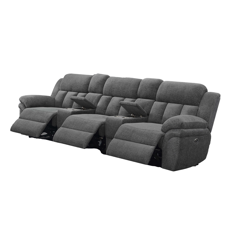 Benjara Jak Power Recliner Sofa-2 Consoles-Cushioned Tufted Seats-Charcoal Gray