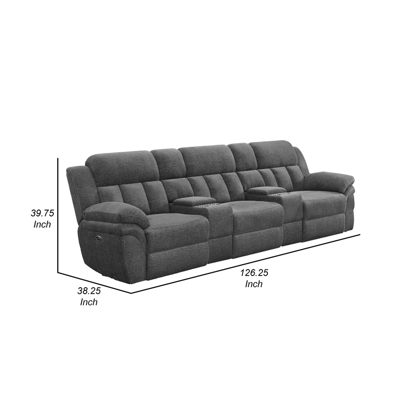Benjara Jak Power Recliner Sofa-2 Consoles-Cushioned Tufted Seats-Charcoal Gray