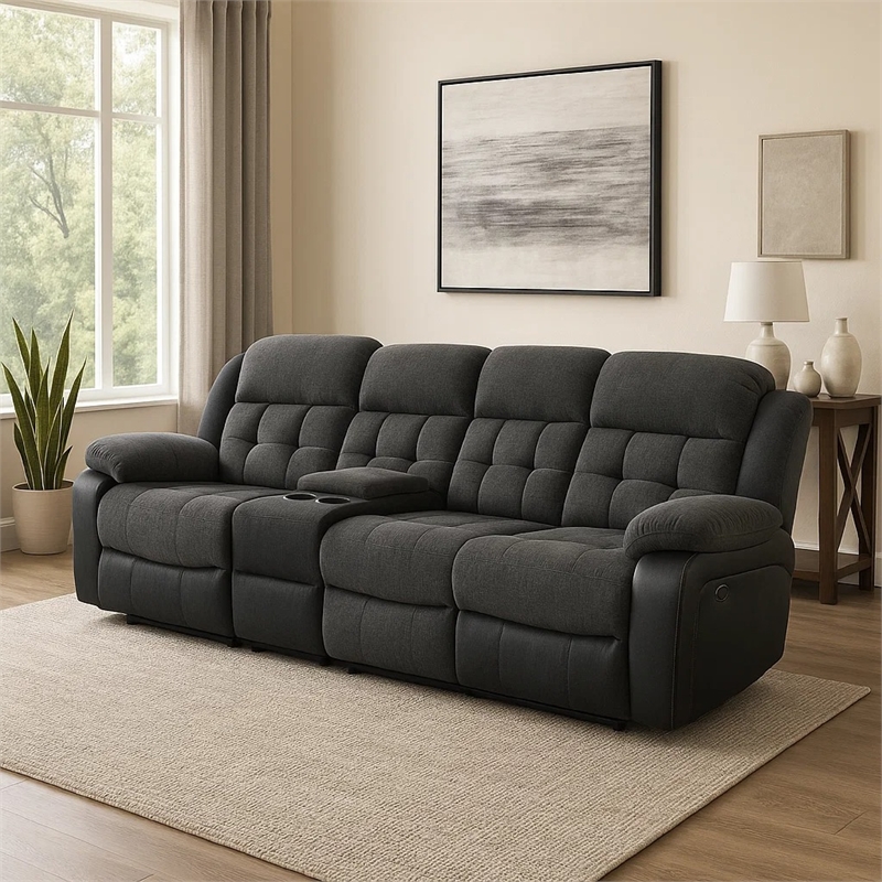 Benjara Jak Power Recliner Sofa-2 Consoles-Cushioned Tufted Seats-Charcoal Gray