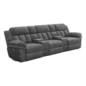 Benjara Jak Power Recliner Sofa-2 Consoles-Cushioned Tufted Seats-Charcoal Gray
