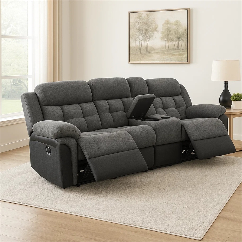 Benjara Jak Manual Recliner Sofa w/ 2 Consoles - Charcoal Gray