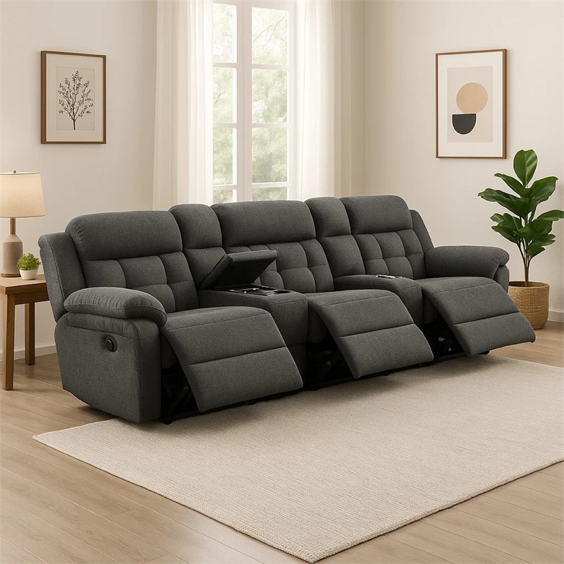 Benjara Jak Manual Recliner Sofa w/ 2 Consoles - Charcoal Gray