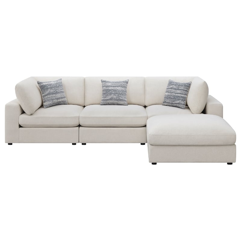 Benjara Serena 4pc Modular Sectional Sofa- Ottoman- 3 Pillows- Beige Jacquard