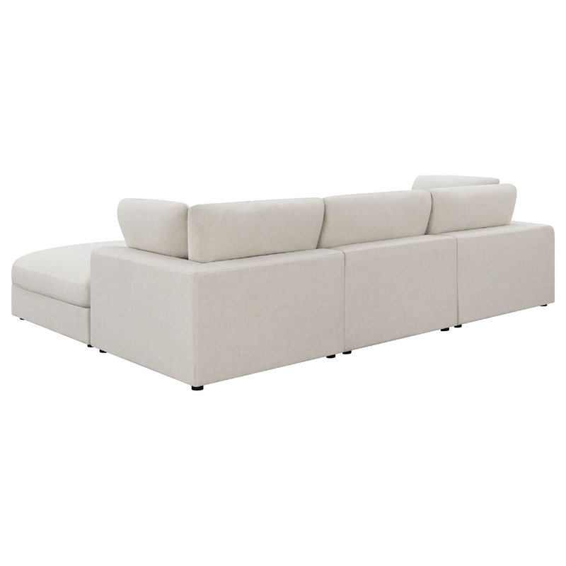 Benjara Serena 4pc Modular Sectional Sofa- Ottoman- 3 Pillows- Beige Jacquard