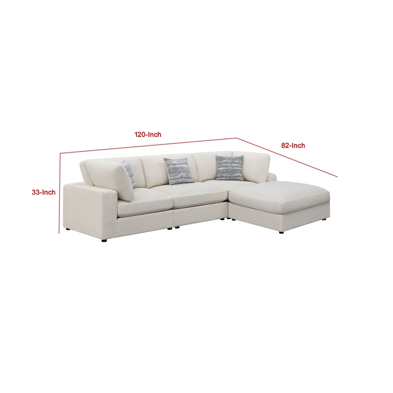 Benjara Serena 4pc Modular Sectional Sofa- Ottoman- 3 Pillows- Beige Jacquard