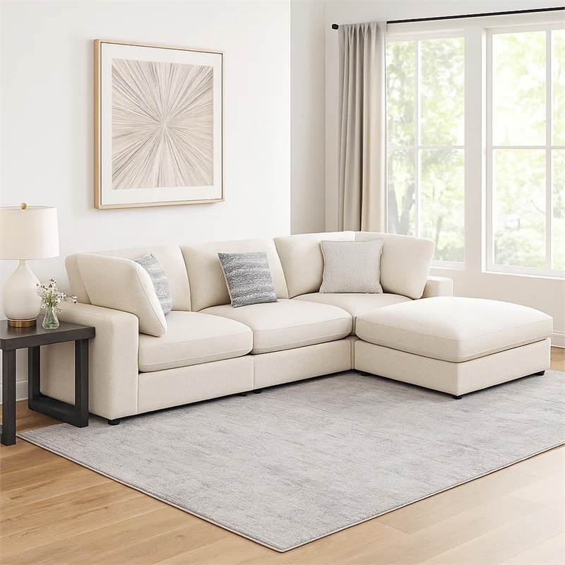 Benjara Serena 4pc Modular Sectional Sofa- Ottoman- 3 Pillows- Beige Jacquard