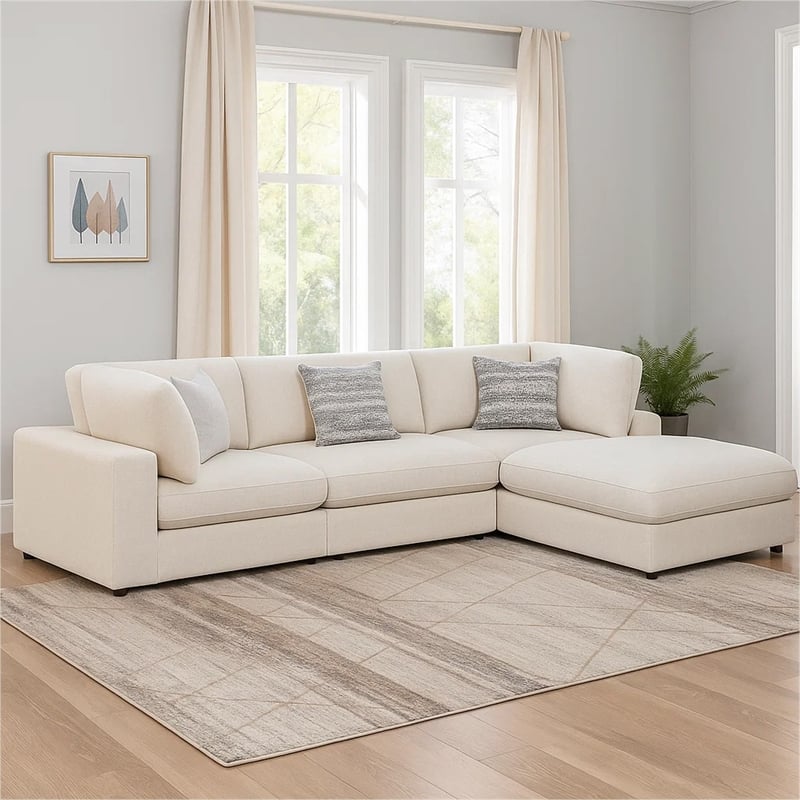 Benjara Serena 4pc Modular Sectional Sofa- Ottoman- 3 Pillows- Beige Jacquard