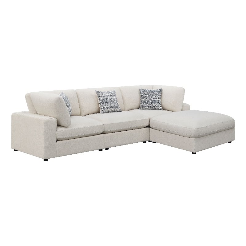 Benjara Serena 4pc Modular Sectional Sofa- Ottoman- 3 Pillows- Beige Jacquard