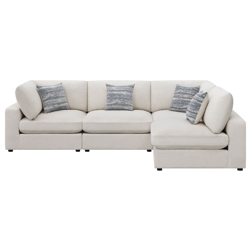 Benjara Serena 4pc Modular Sectional Sofa- 4 Accent Pillows- Beige Jacquard