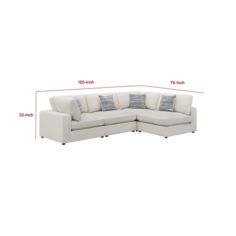 Benjara Serena 4pc Modular Sectional Sofa- 4 Accent Pillows- Beige Jacquard