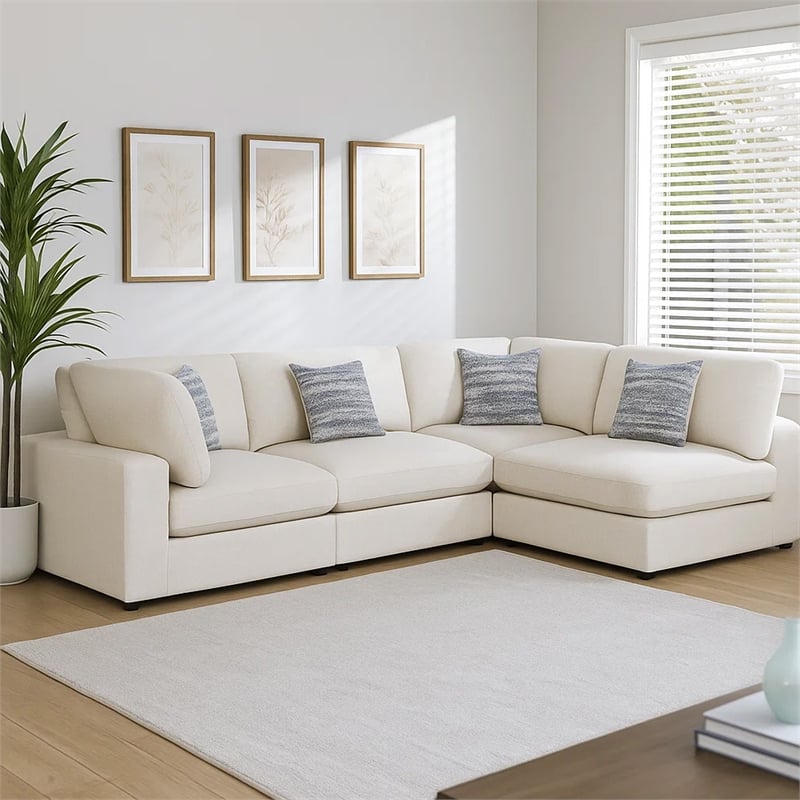 Benjara Serena 4pc Modular Sectional Sofa- 4 Accent Pillows- Beige Jacquard