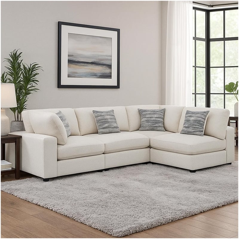 Benjara Serena 4pc Modular Sectional Sofa- 4 Accent Pillows- Beige Jacquard