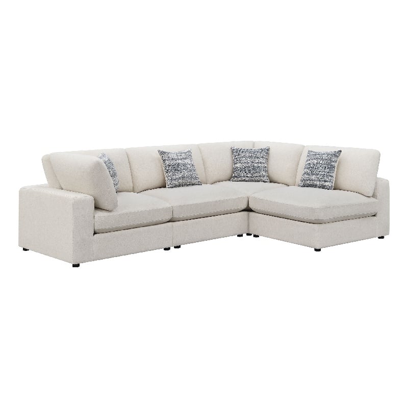 Benjara Serena 4pc Modular Sectional Sofa- 4 Accent Pillows- Beige Jacquard