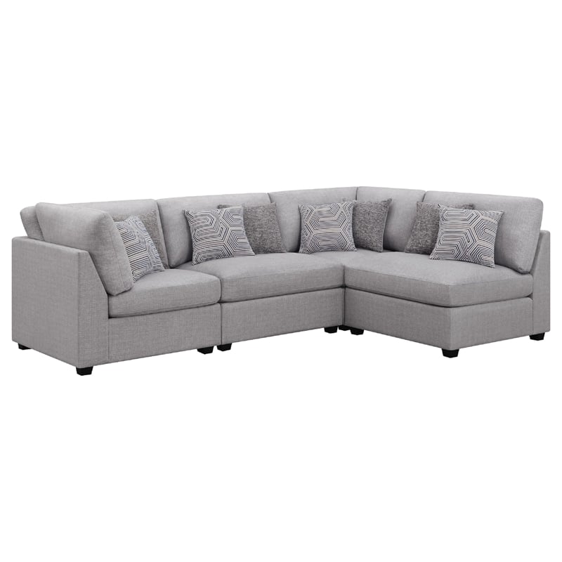 Benjara Cambia 4 Piece Modular L Shaped Sectional Sofa- Gray- 8 Pillows