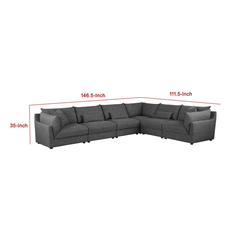 Benjara Ash 6 Piece Modular Sectional Sofa Set- L Shape- Black- 5 Pillows