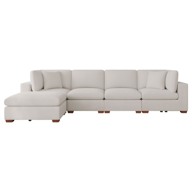 Benjara Lahe 5 Piece Modular Sectional with Ottoman- 3 Pillows- Ivory