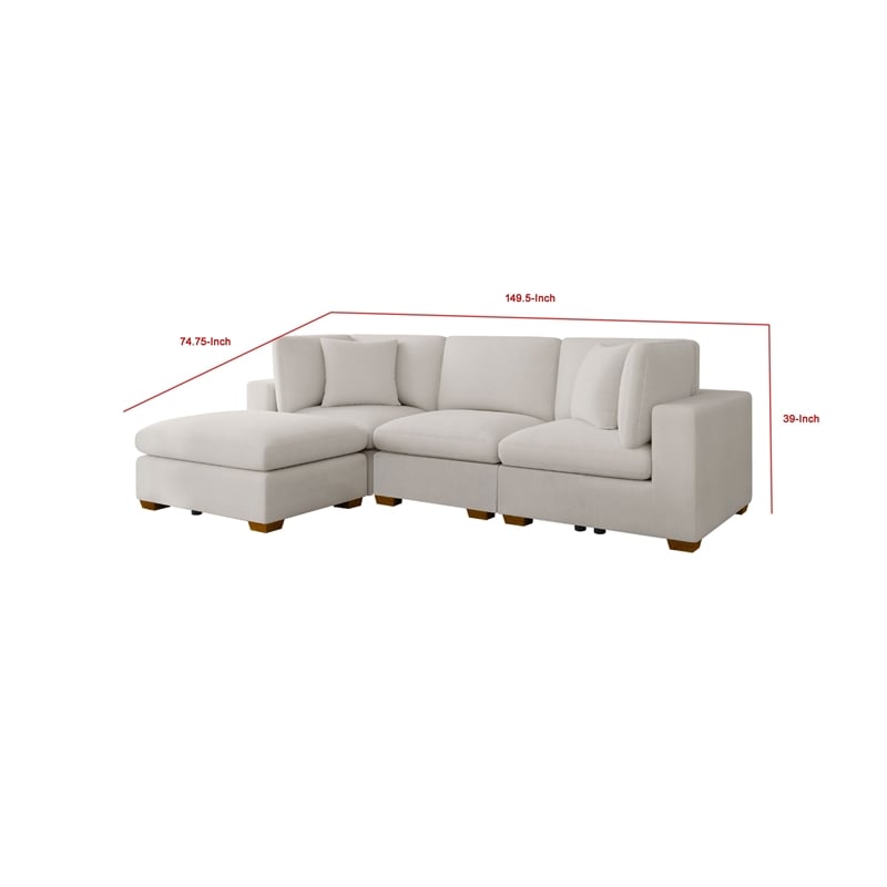Benjara Lahe 5 Piece Modular Sectional with Ottoman- 3 Pillows- Ivory
