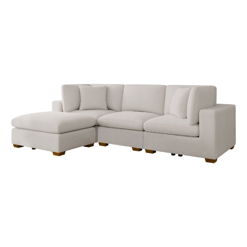 Benjara Lahe 5 Piece Modular Sectional with Ottoman- 3 Pillows- Ivory