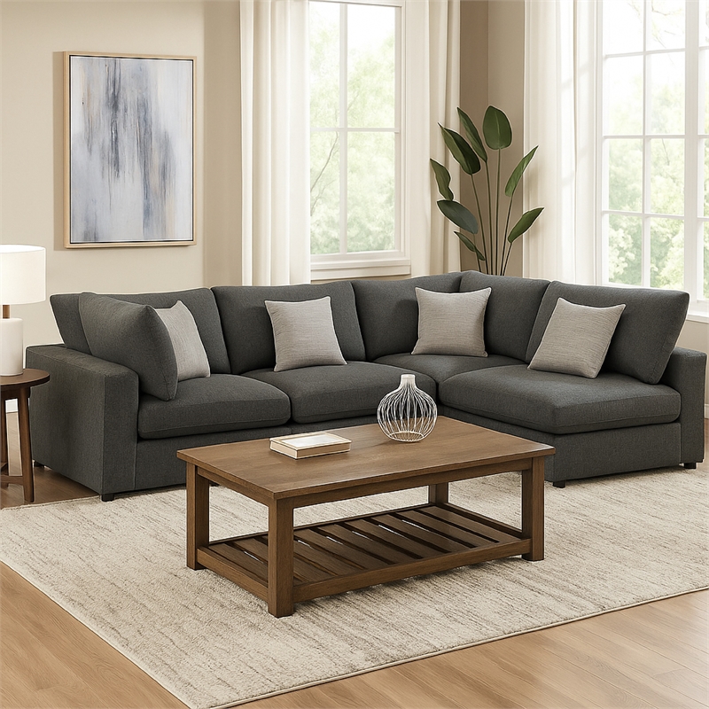 Benjara Serena 4pc Modular Sectional Sofa- 4 Accent Pillows- Gray Jacquard