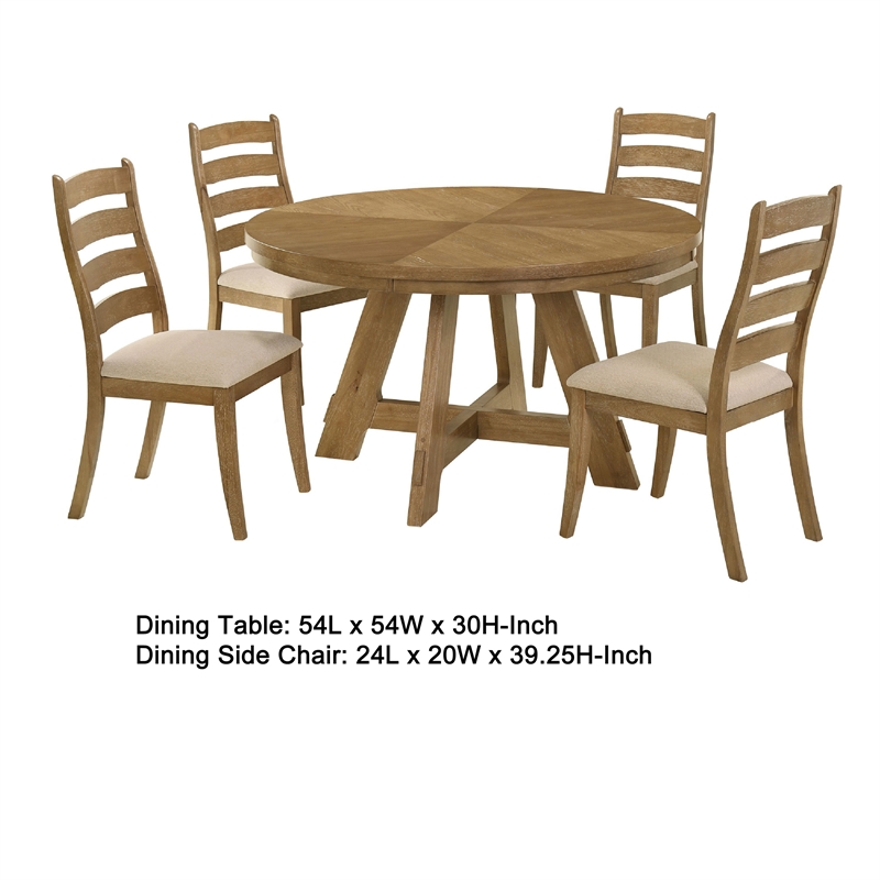 Benjara Danie 5pc Round Dining Table Set- Oak Brown Hardwood- 4 Beige Chairs