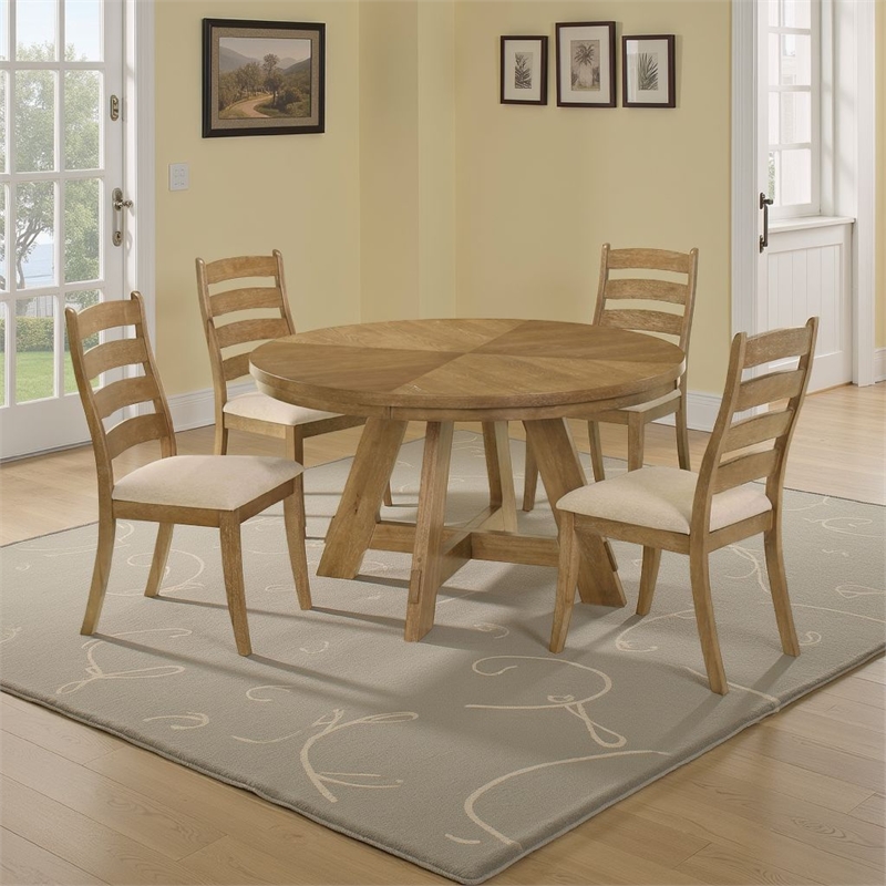 Benjara Danie 5pc Round Dining Table Set- Oak Brown Hardwood- 4 Beige Chairs