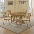 Benjara Danie 5pc Round Dining Table Set- Oak Brown Hardwood- 4 Beige Chairs