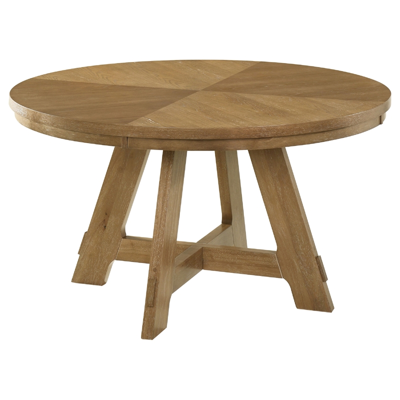 Benjara Danie 5pc Round Dining Table Set- Oak Brown Hardwood- 4 Beige Chairs