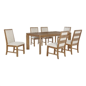 Benjara Rune 7pc Dining Table Set- Natural Brown Veneer- 6 Oatmeal Gray Chairs