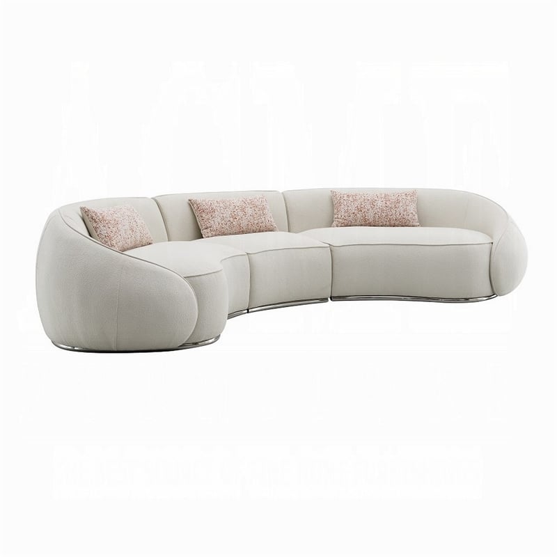 Benjara Sarah Sectional Sofa- 3 Pillows- Beige Boucle Fabric- Curved Shape