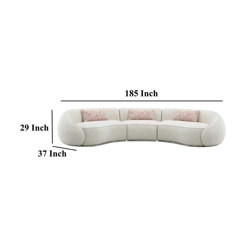 Benjara Sarah Sectional Sofa- 3 Pillows- Beige Boucle Fabric- Curved Shape