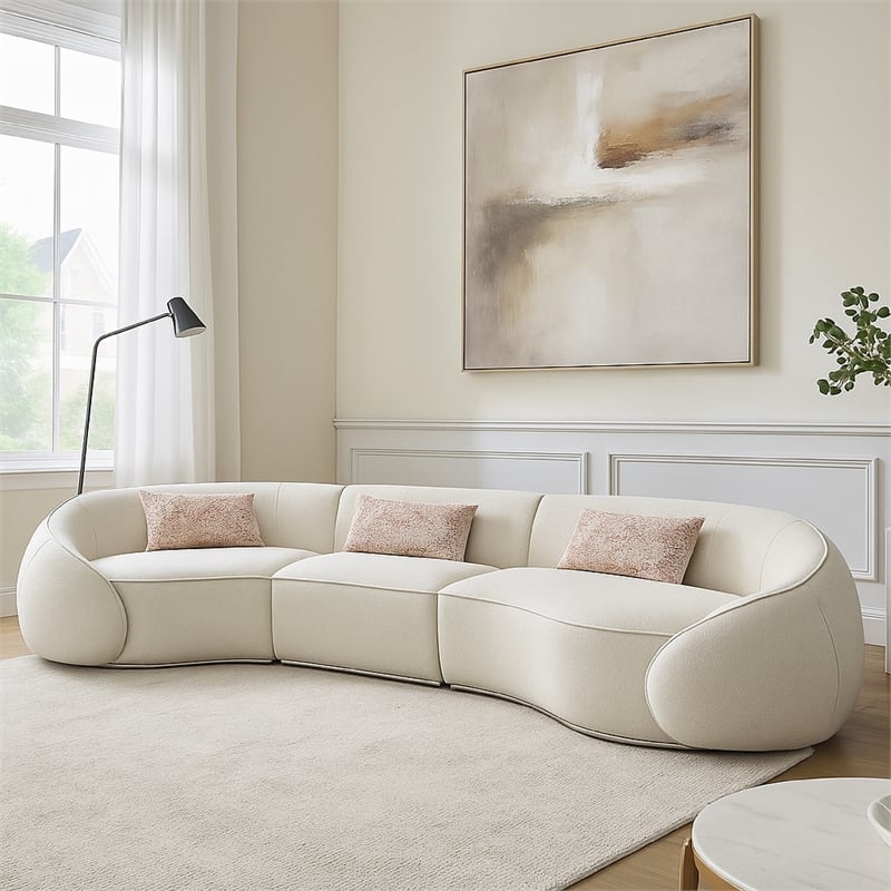 Benjara Sarah Sectional Sofa- 3 Pillows- Beige Boucle Fabric- Curved Shape