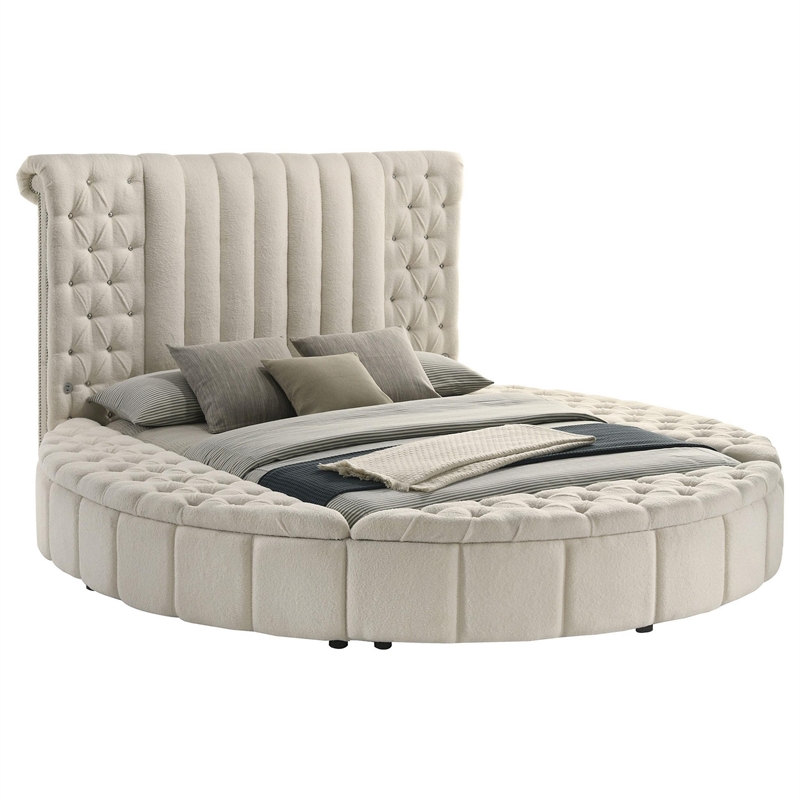 Benjara Neya Queen Round Bed with Storage- Wingback- Ivory Boucle Upholstery