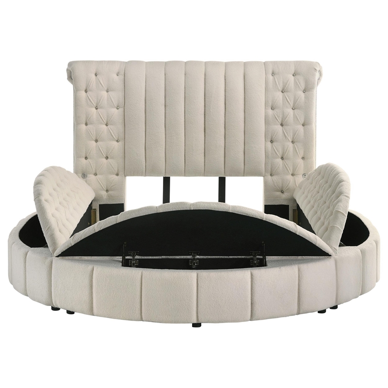 Benjara Neya Queen Round Bed with Storage- Wingback- Ivory Boucle Upholstery