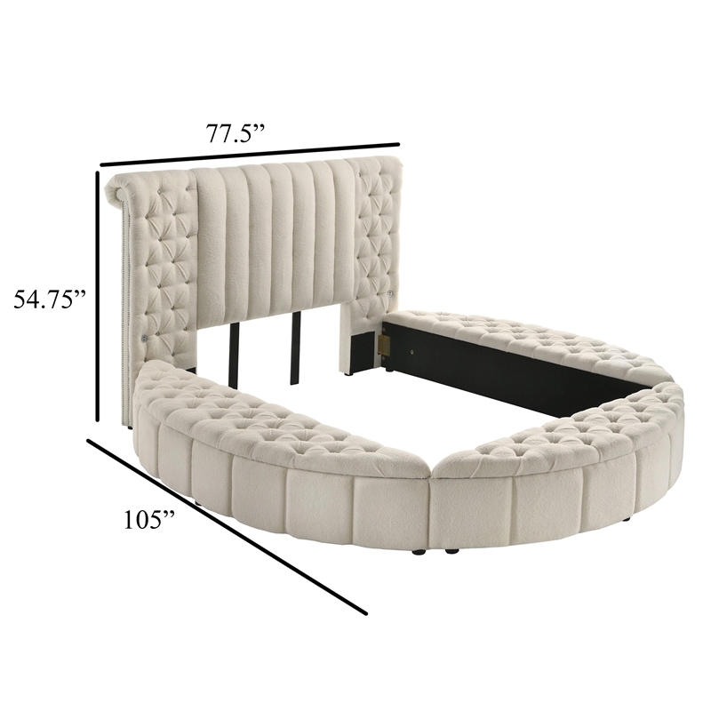 Benjara Neya Queen Round Bed with Storage- Wingback- Ivory Boucle Upholstery