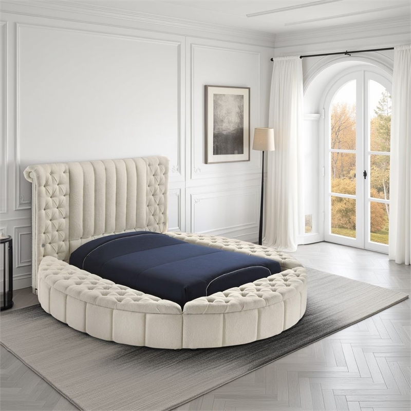 Benjara Neya Queen Round Bed with Storage- Wingback- Ivory Boucle Upholstery