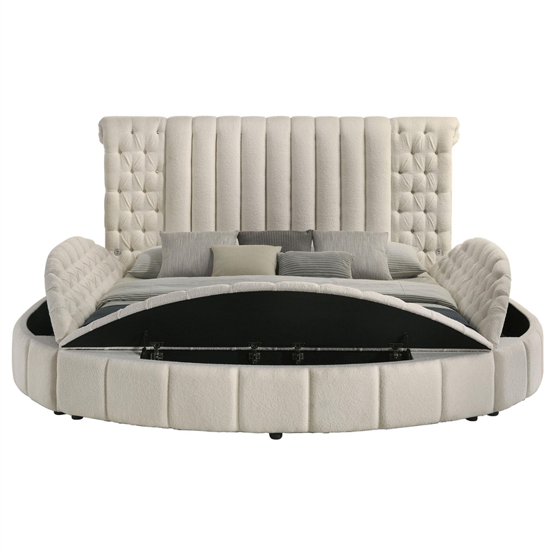 Benjara Neya King Round Bed with Storage- Wingback- Ivory Boucle Upholstery