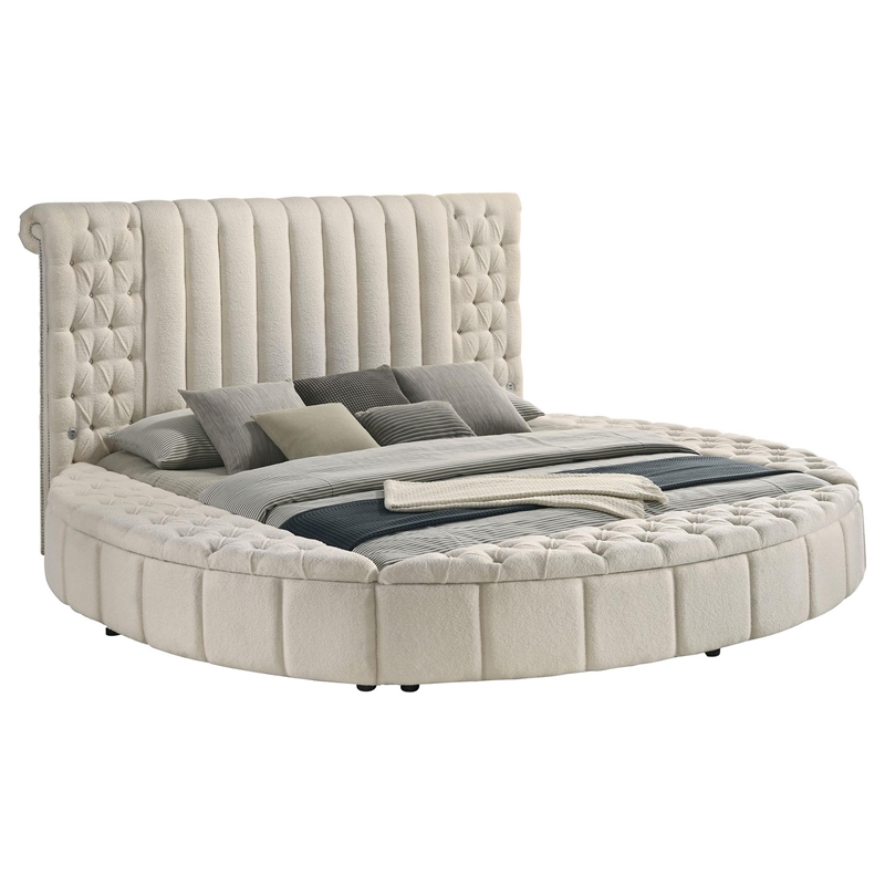 Benjara Neya King Round Bed with Storage- Wingback- Ivory Boucle Upholstery