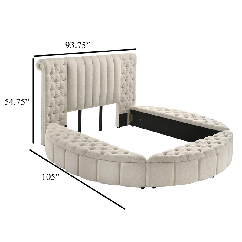 Benjara Neya King Round Bed with Storage- Wingback- Ivory Boucle Upholstery