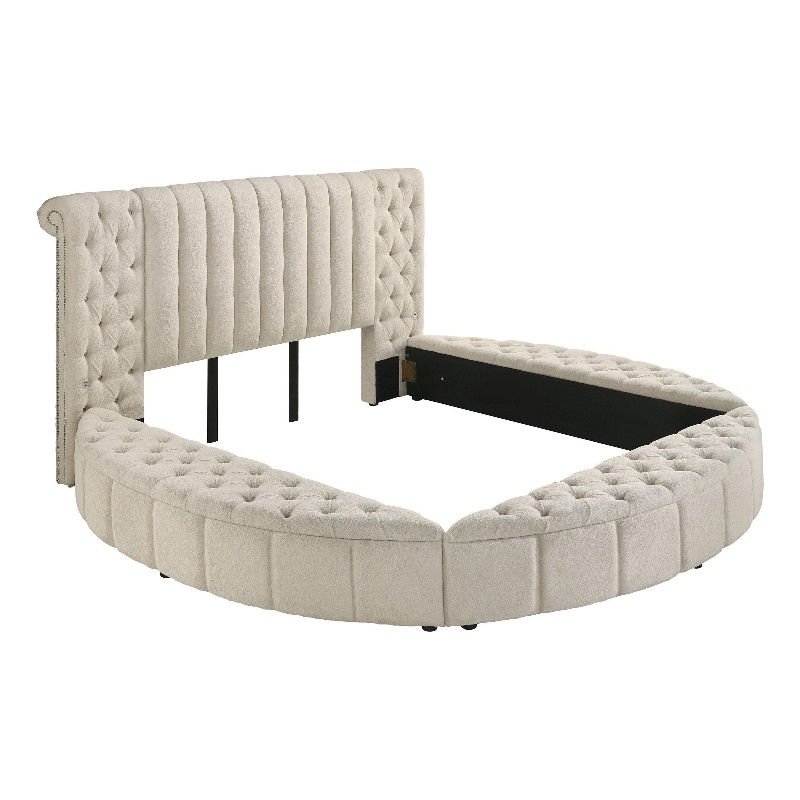 Benjara Neya King Round Bed with Storage- Wingback- Ivory Boucle Upholstery