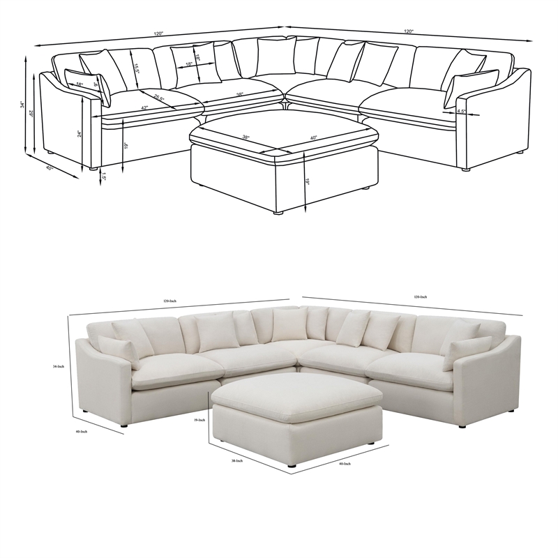 Benjara Hobo 6pc Modular Sectional Sofa- Ivory Fabric- 10 Pillows- 120