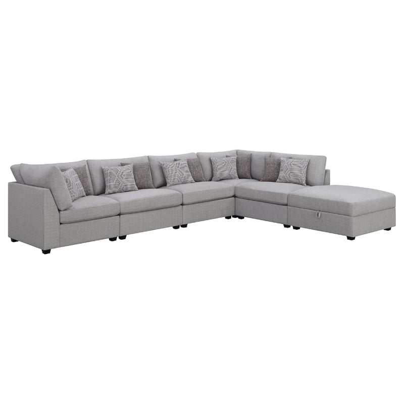 Benjara Cambia 6 Piece Modular Sectional Sofa with Ottoman- 10 Pillows- Gray
