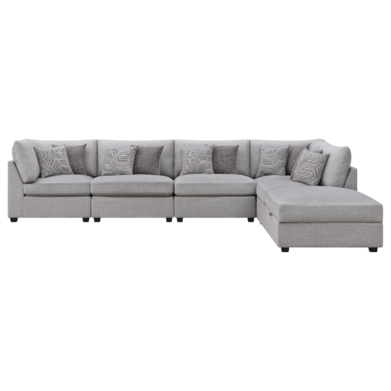 Benjara Cambia 6 Piece Modular Sectional Sofa with Ottoman- 10 Pillows- Gray