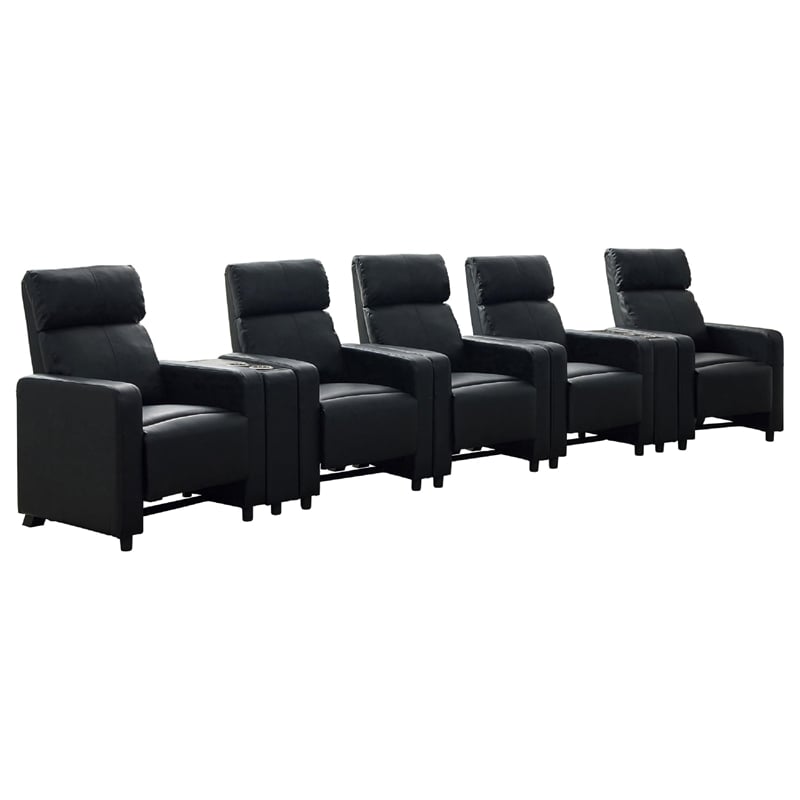 Benjara Heena Home Theater Set-5 Manual Recliners-2 Consoles-Black Faux Leather