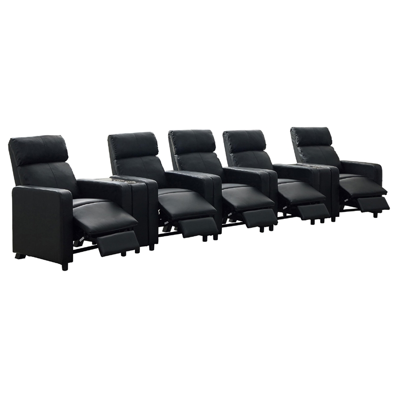 Benjara Heena Home Theater Set-5 Manual Recliners-2 Consoles-Black Faux Leather