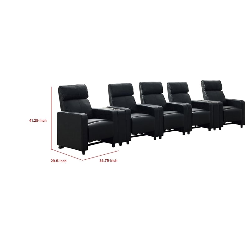 Benjara Heena Home Theater Set-5 Manual Recliners-2 Consoles-Black Faux Leather