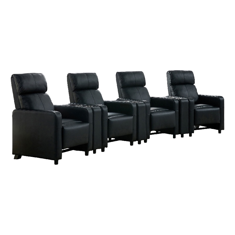 Benjara Heena Home Theater Set-4 Manual Recliners-3 Consoles-Black Faux Leather